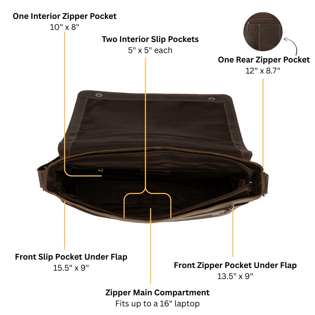 Richmond full grain leather laptop messenger bag for men in chestnut brown, featuring a 16-inch work bag with detailed stitching.