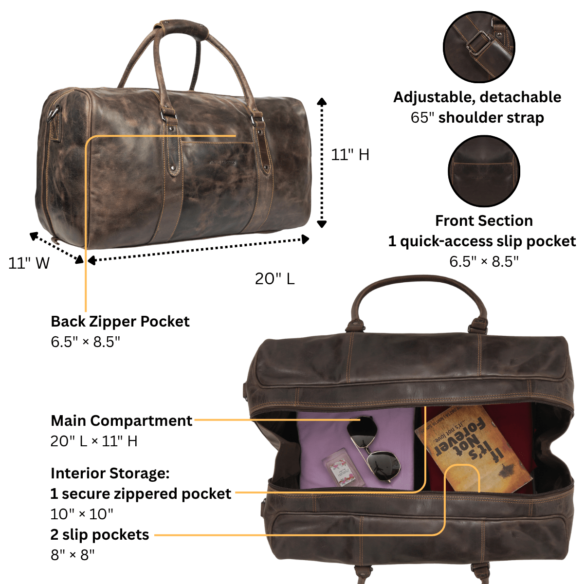 Brown Riley Leather Duffle Bag by Minori Leather, featuring sturdy handles and spacious main compartment for travel.