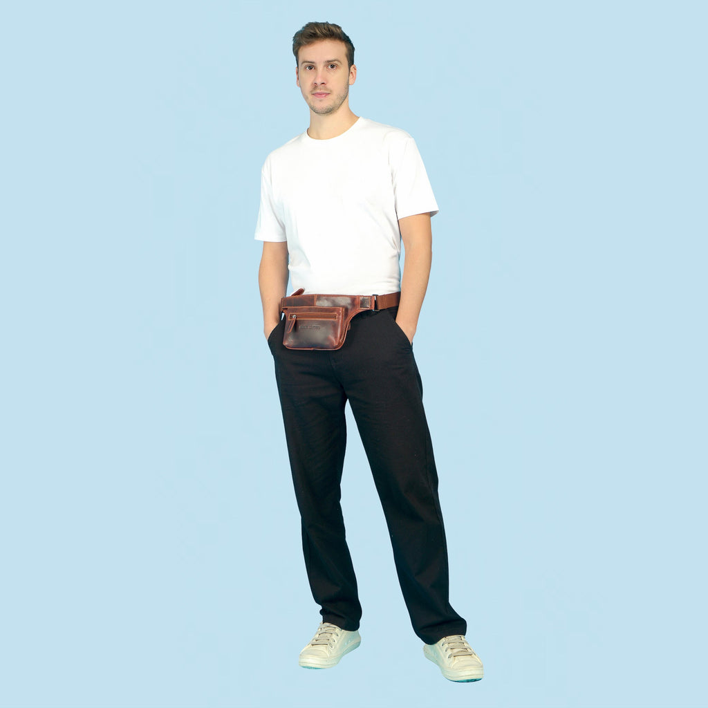 Minori Leather Osaka leather belt bag in chestnut, unisex fanny pack with adjustable strap and compact design.
