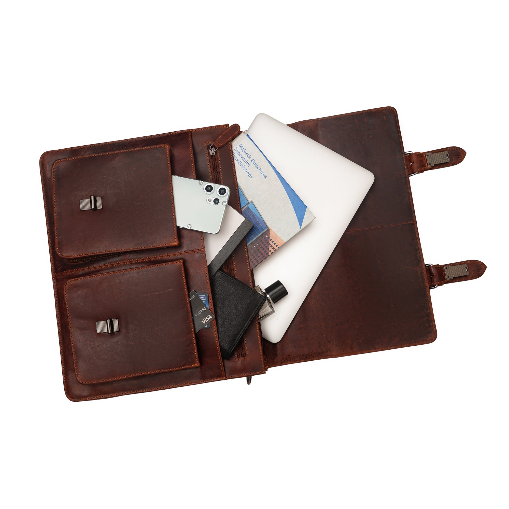 Minori Leather Cambridge leather briefcase bag with sturdy handles and secure zipper closure, suitable for professional use.