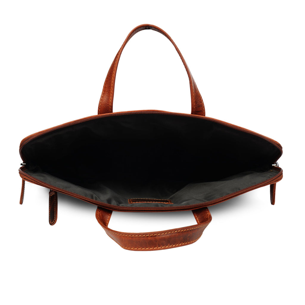 Minori Leather Atlas 14-inch unisex leather laptop sleeve in chestnut, showcasing its sleek design and secure closure.