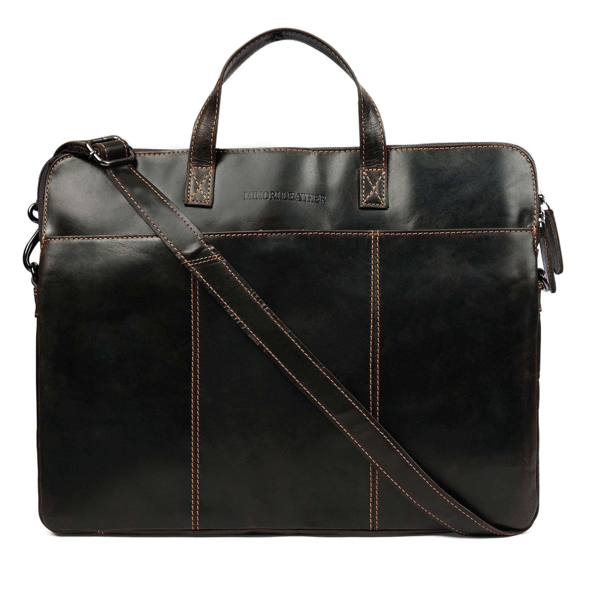 Brown Atlas Leather Laptop Sleeve for 14-inch laptops by Minori Leather, featuring a sleek, unisex design with durable leather.