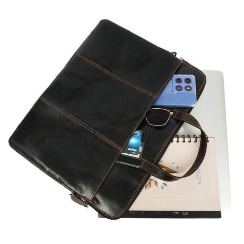 Brown Atlas Leather Laptop Sleeve for 14-inch laptops by Minori Leather, unisex design with smooth leather finish.