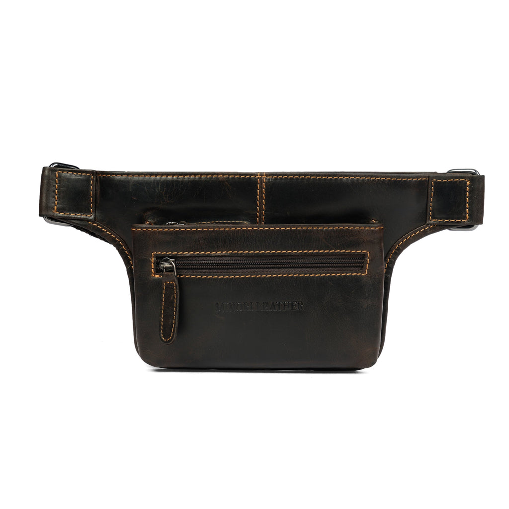 Brown Osaka Leather Belt Bag by Minori Leather, unisex fanny pack with adjustable strap and compact design.