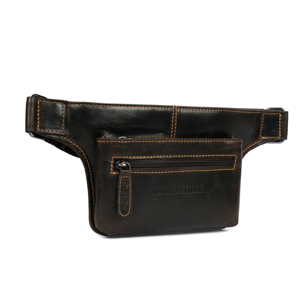 Minori Leather Osaka leather belt bag in brown, unisex fanny pack with adjustable strap and compact design.