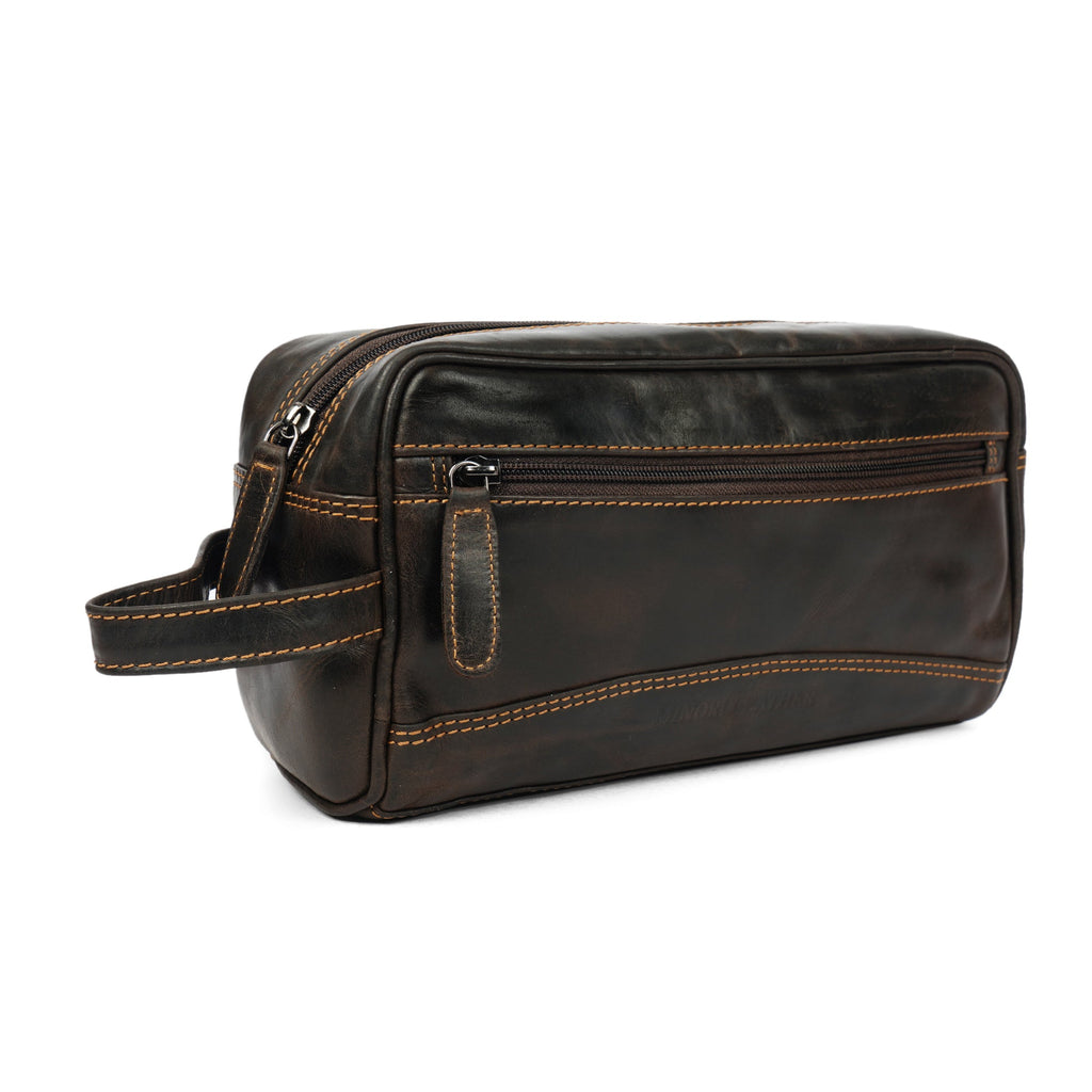 Brown leather toiletry bag for men by Minori Leather, Montana premium men's toiletry bag with sturdy handle and spacious interior.