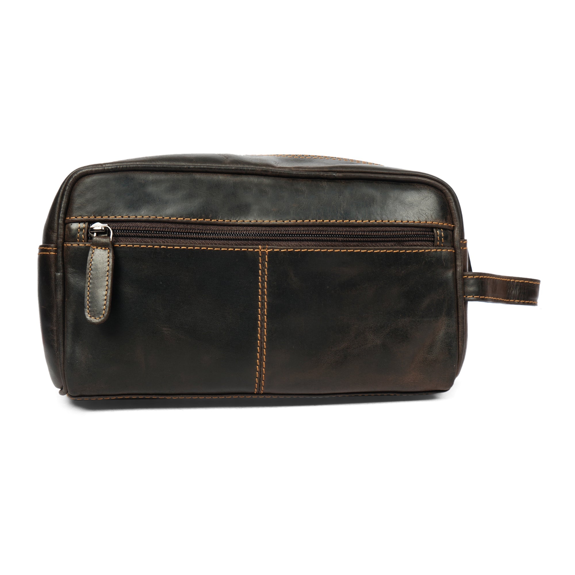 Brown premium leather toiletry bag for men by Minori Leather, Montana style, with zipper closure and compact design.