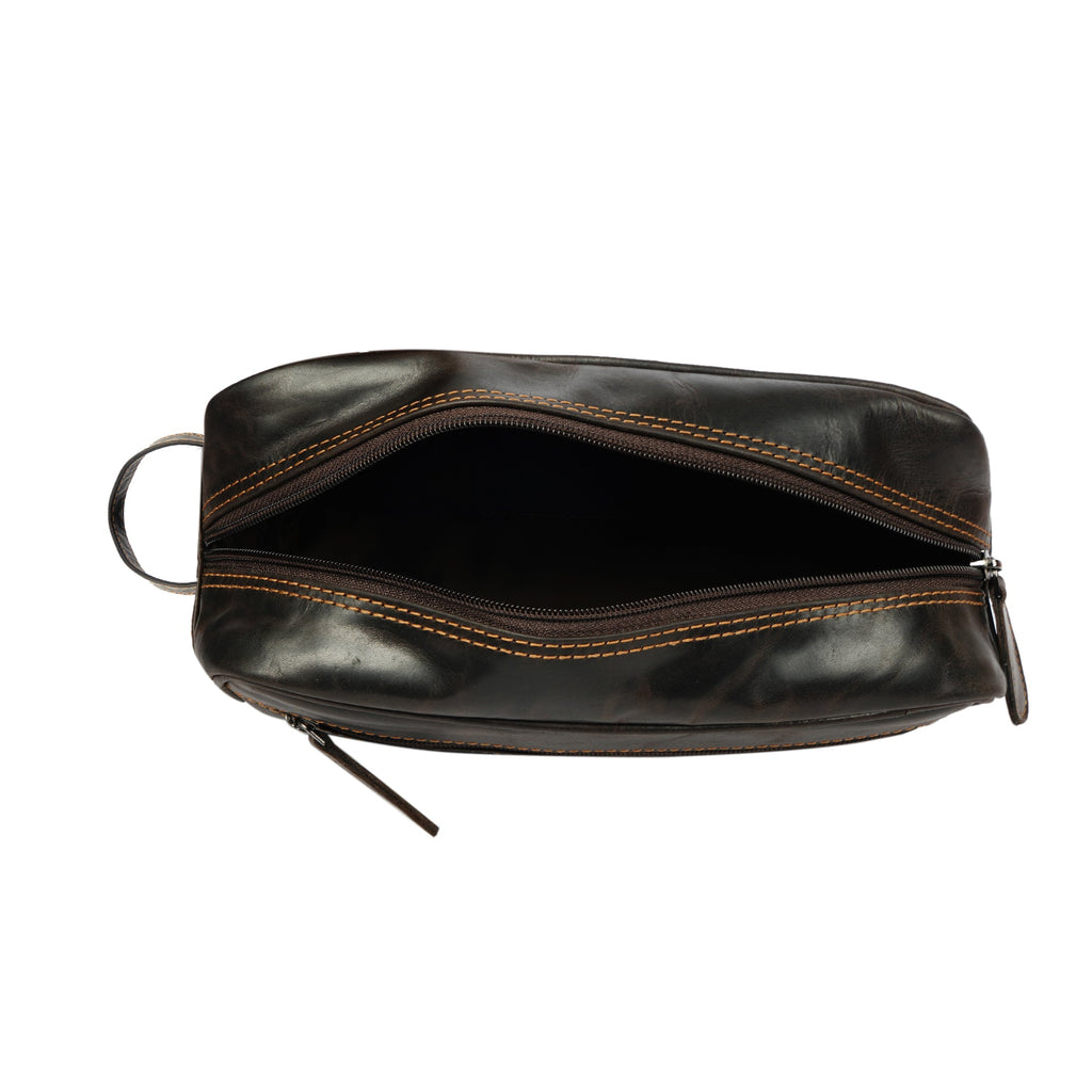 Brown leather toiletry bag for men by Minori Leather, Montana premium leather toiletry bag with durable design and compact size.