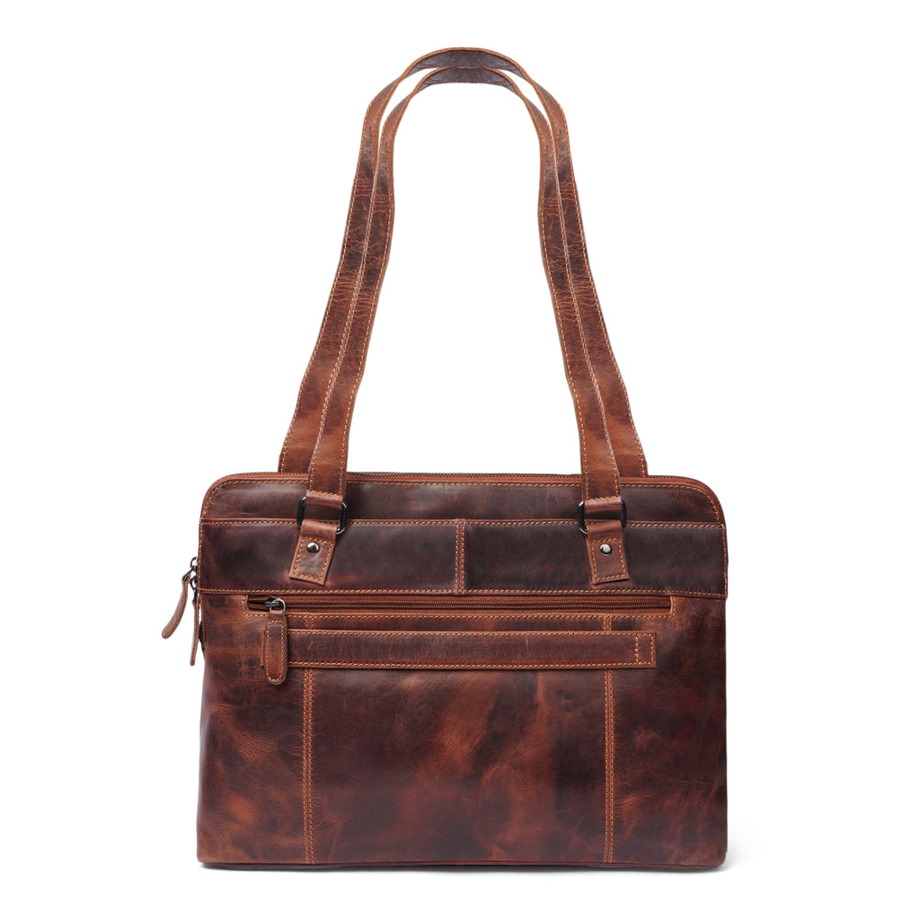 Minori Leather Camille leather laptop tote bag with sleek design and sturdy handles, perfect for work and everyday use.