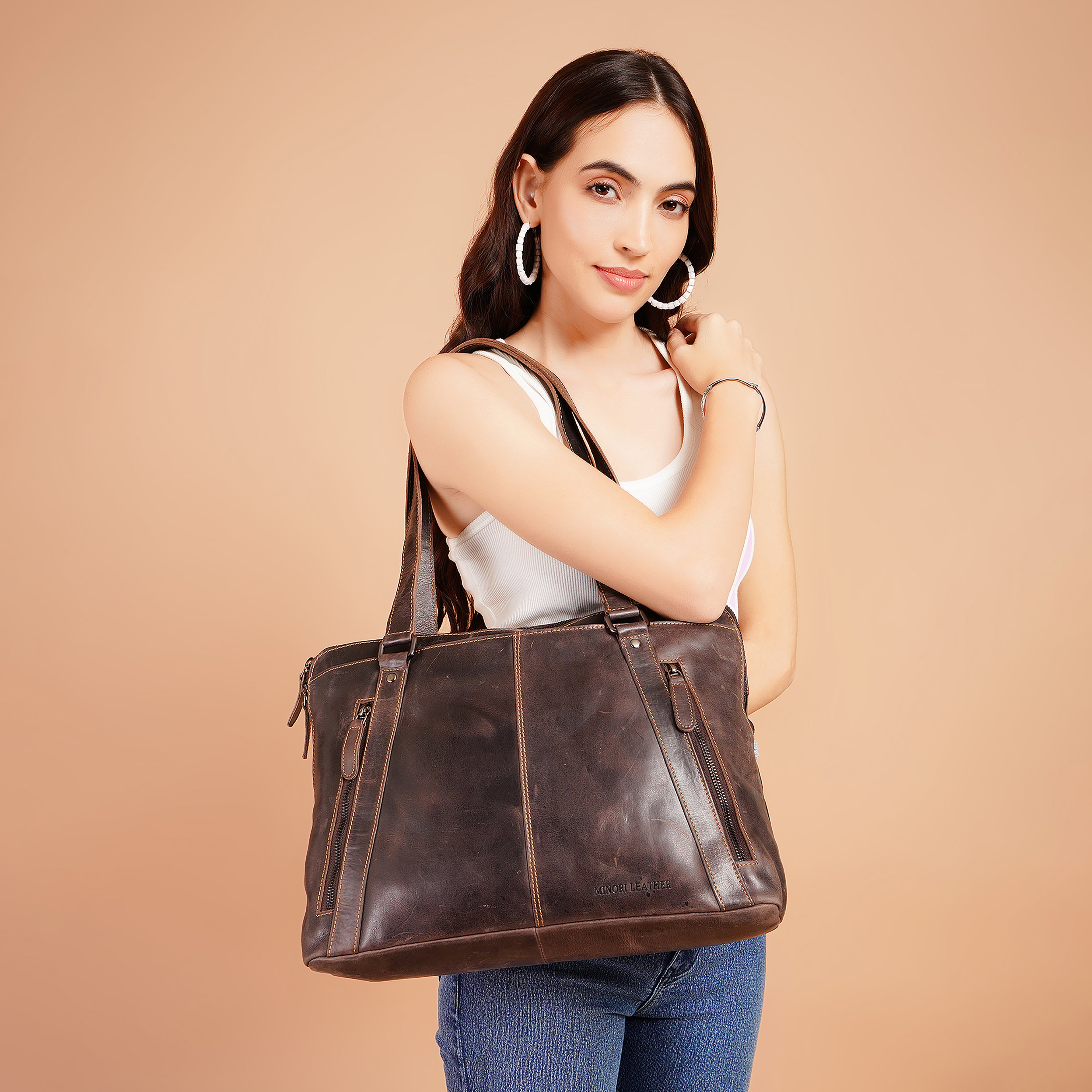 Camille Leather Laptop Tote Bag in Brown