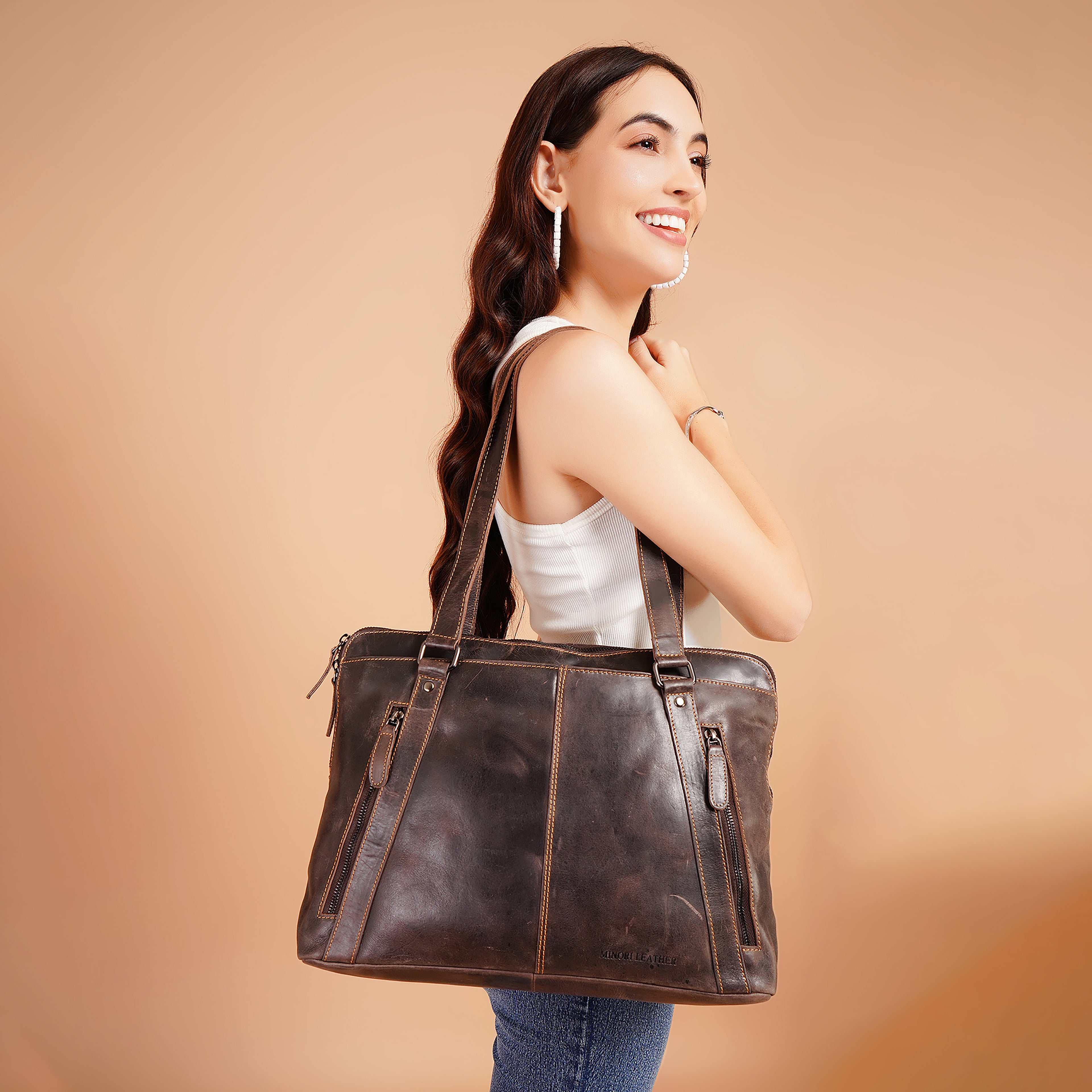 Camille Leather Laptop Tote Bag in Brown