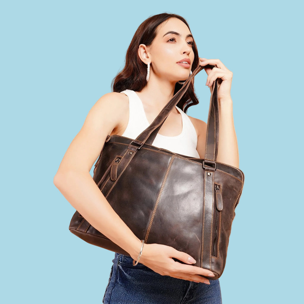Minori Leather Camille leather laptop tote bag with sturdy handles and spacious interior, ideal for work and everyday use.