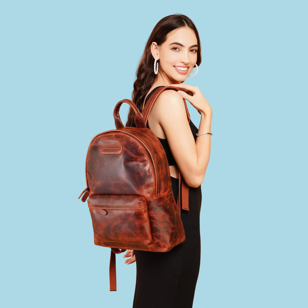 Minori Leather Garth Leather Backpack showing front view with adjustable straps and spacious main compartment.