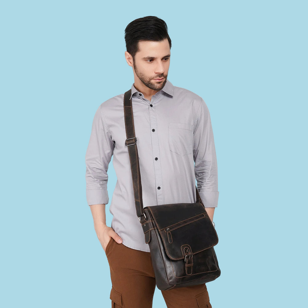 Minori Leather brown Raleigh leather satchel bag, a stylish crossbody bag with a sleek design and adjustable strap.