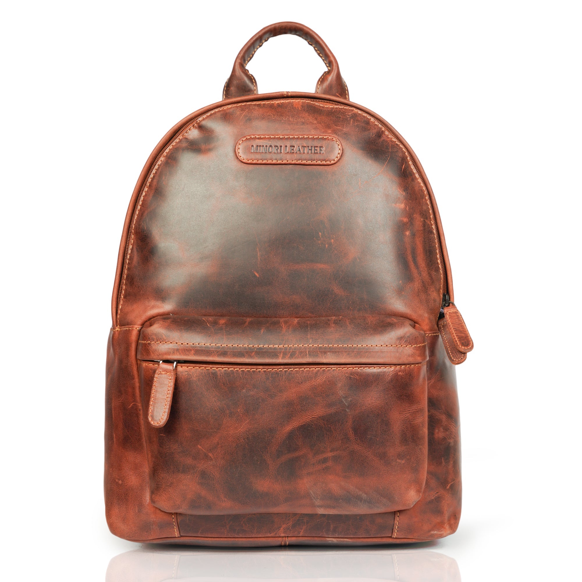 Minori Leather Garth Leather Backpack with adjustable straps, front pocket, and durable leather construction.