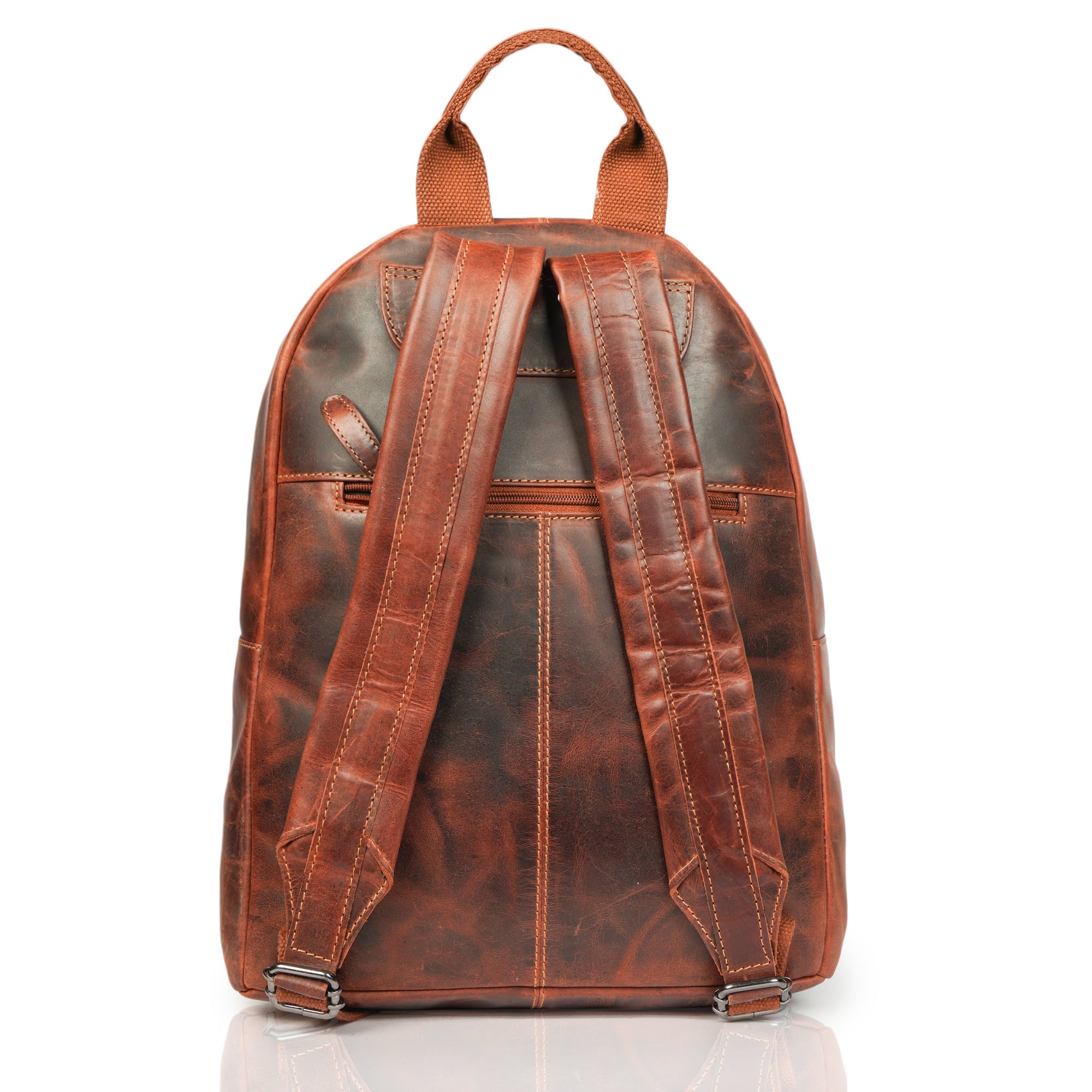 Minori Leather Garth leather backpack with adjustable straps and front pocket, showcasing durable craftsmanship and stylish design.