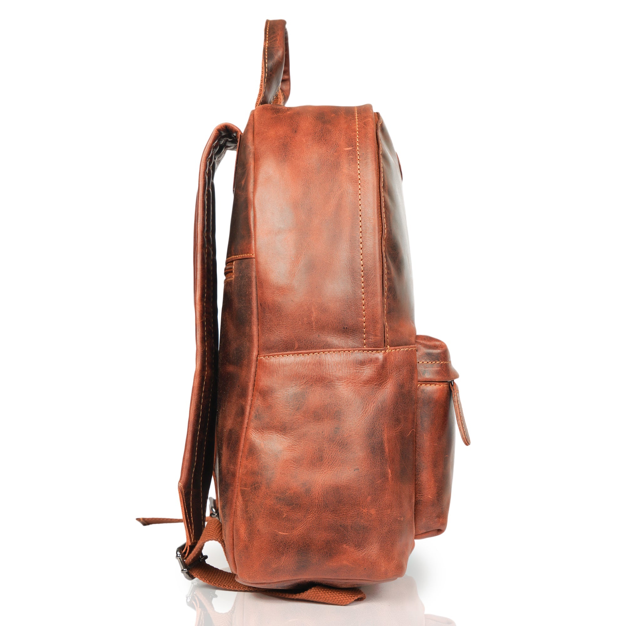 Minori Leather Garth Leather Backpack showing front view with adjustable straps and sleek design.