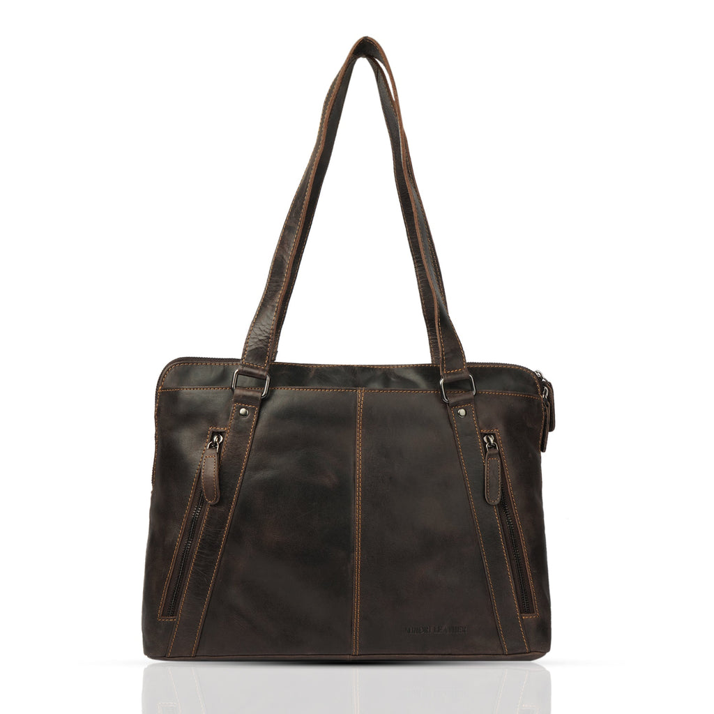 Minori Leather Camille leather laptop tote bag with sturdy handles and sleek design, perfect for work and commuting.